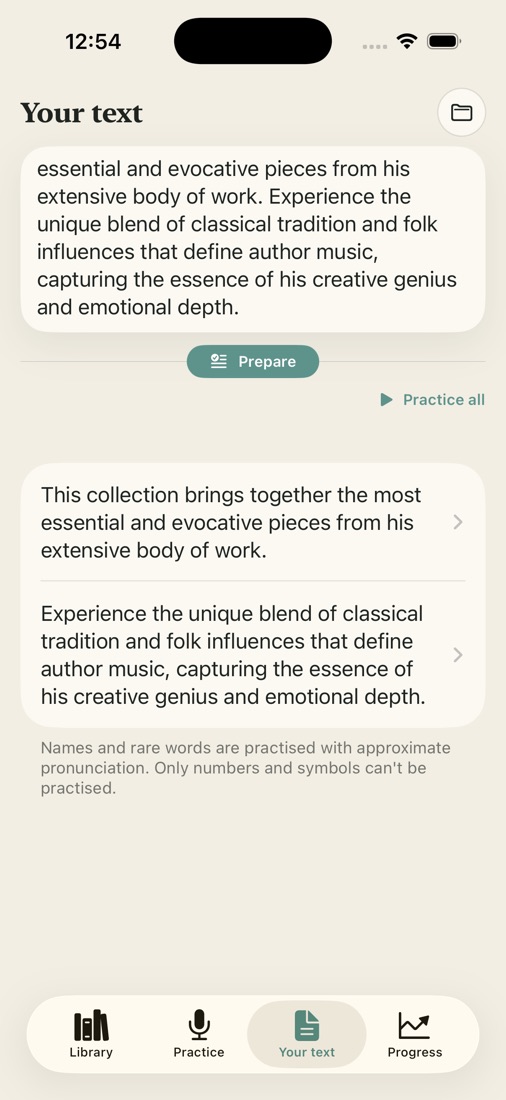 Pantalla «Your text»: un párrafo pegado y dividido en frases practicables.